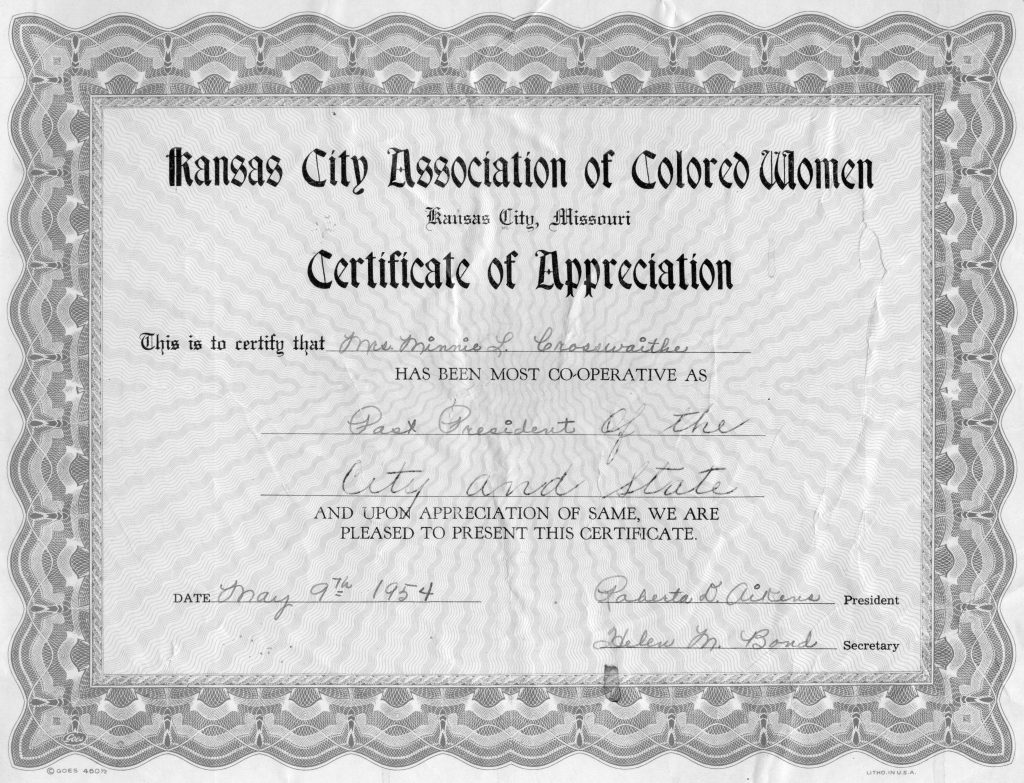 Certificate of Appreciation  given to Minnie Crosswaithe from the Kansas City Association of Colored Women