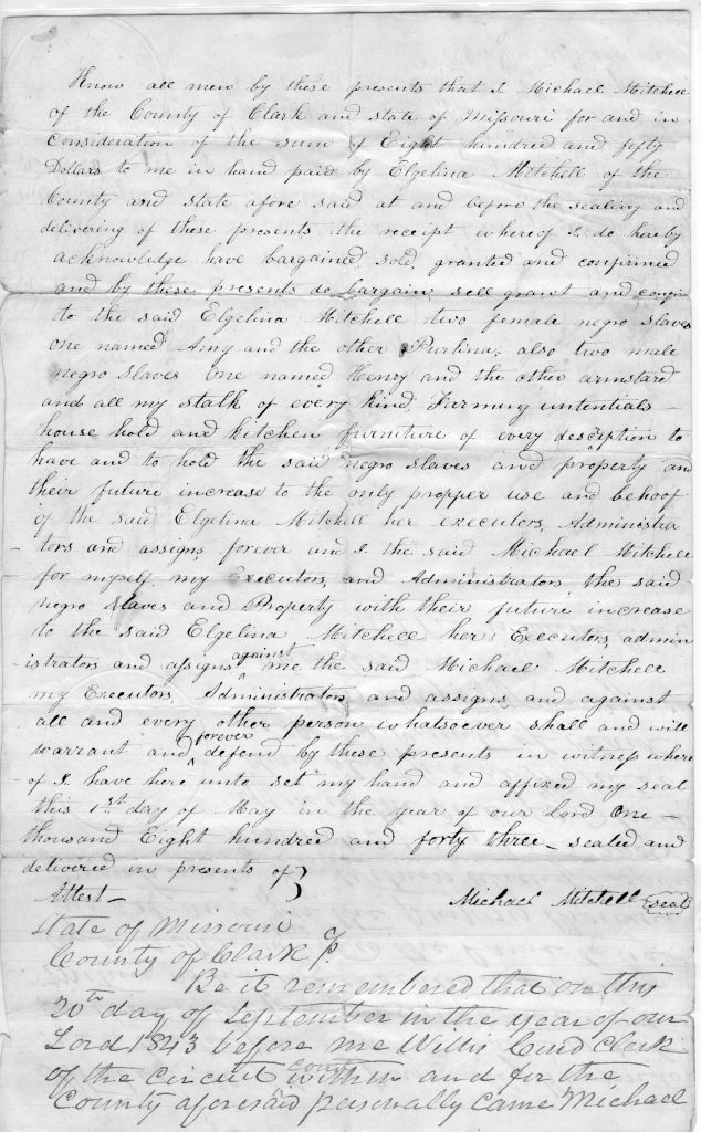 Bill of Sale for two female and two male slaves in Clark County, Missouri (Page 1 of 2)