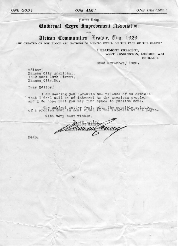 Letter from Marcus Garvey to Kansas City American Editor