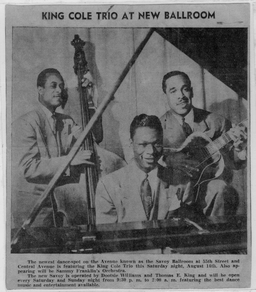 Article advertising King Cole Trio at Savoy Ballroom