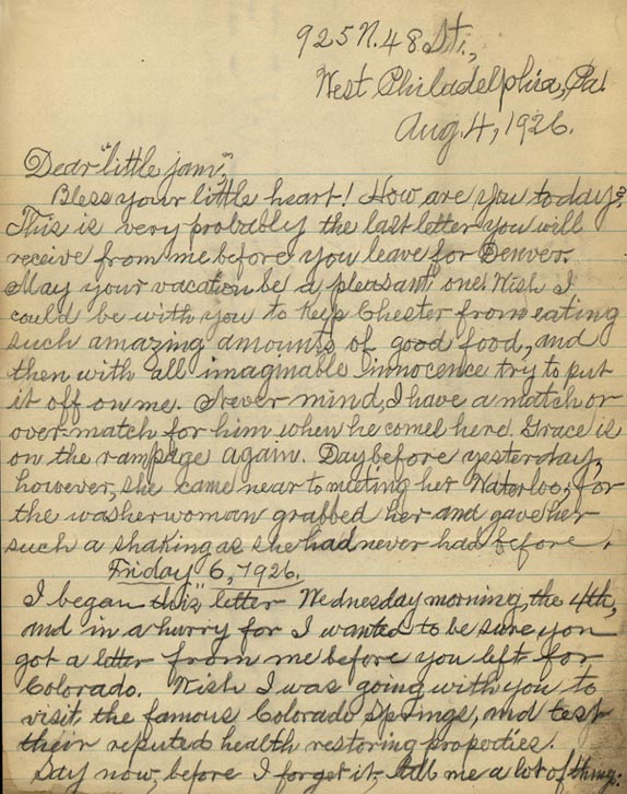 Letter from William Crogman to Ada Crogman Franklin, “Dear Little Jam, Bless your little heart!” August 4, 1926