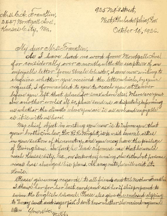 Letter from William Crogman to Ada Crogman Franklin, “My dear Mrs. Franklin, As I have had no word” October 14, 1926