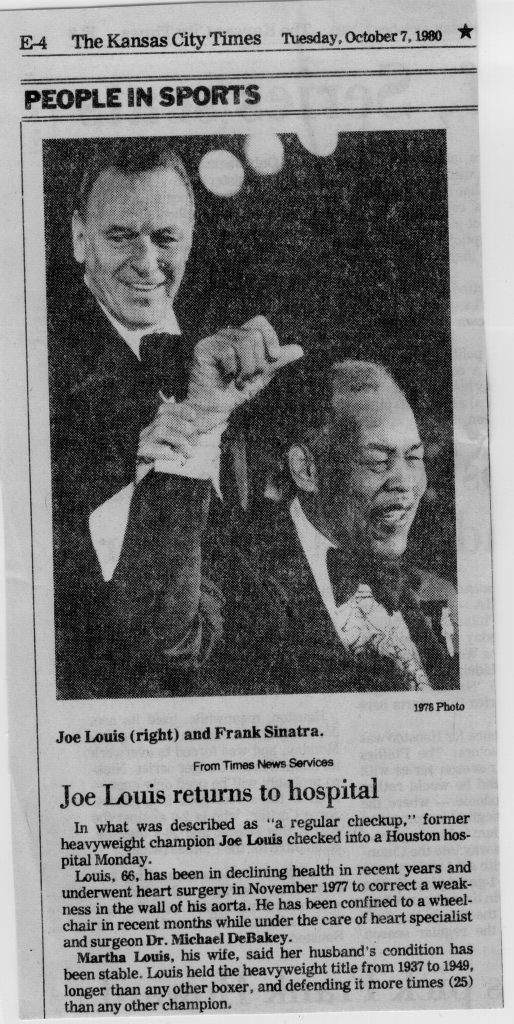 Article about Joe Louis entering the hospital with picture of Louis and Frank Sinatra