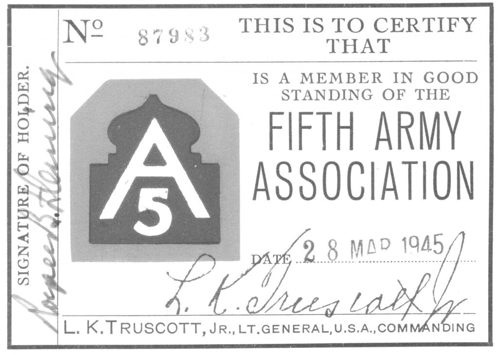 Member card for the Fifth Army Association.