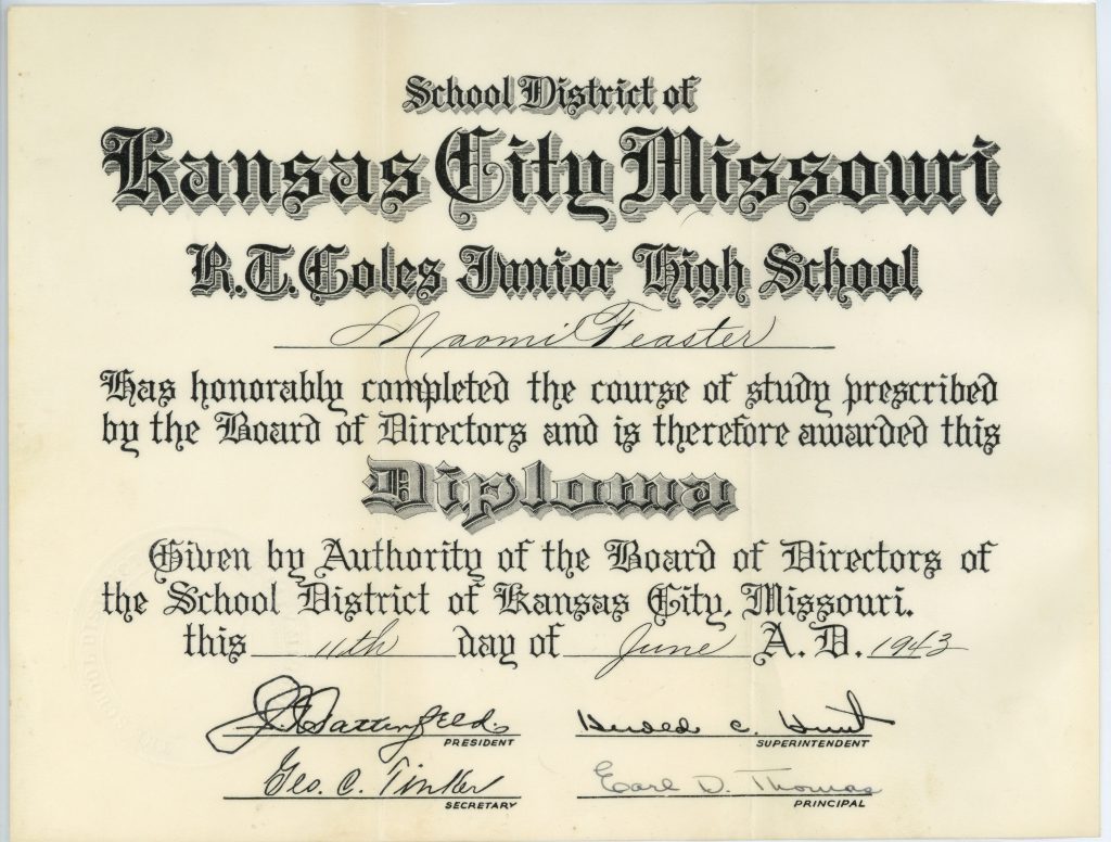 R. T. Coles Junior High School Diploma of Naomi Feaster